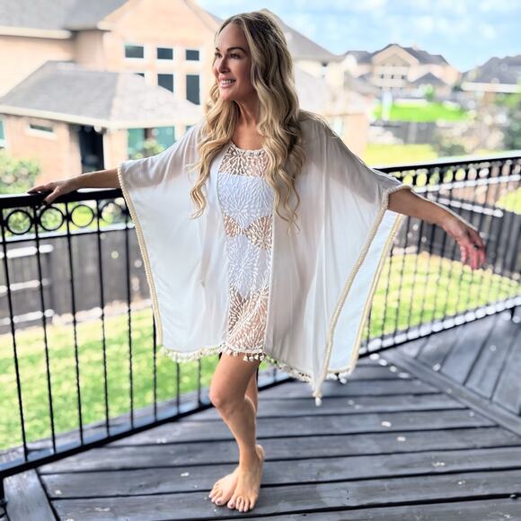 C02 Irgus Brand Kaftan Lace Insert Pom Pom Cover Up Size M $65 - Picture 3 of 16